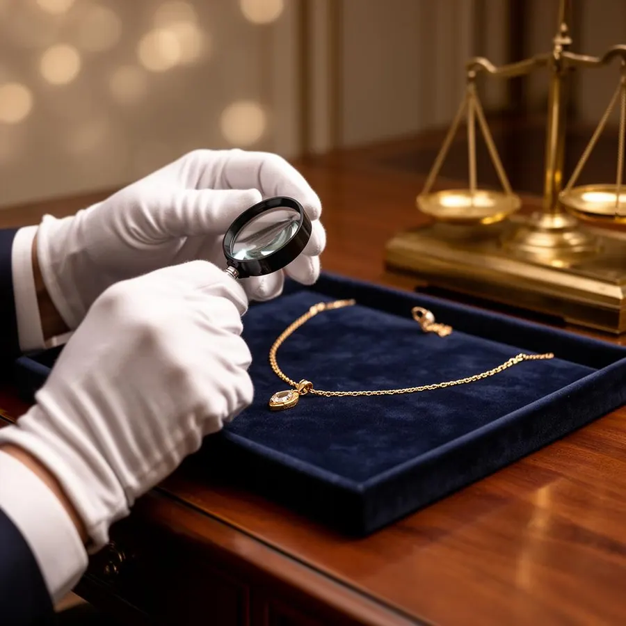 Specialist taxeert gouden ketting met loep en weegschaal voor klanten uit Leiden